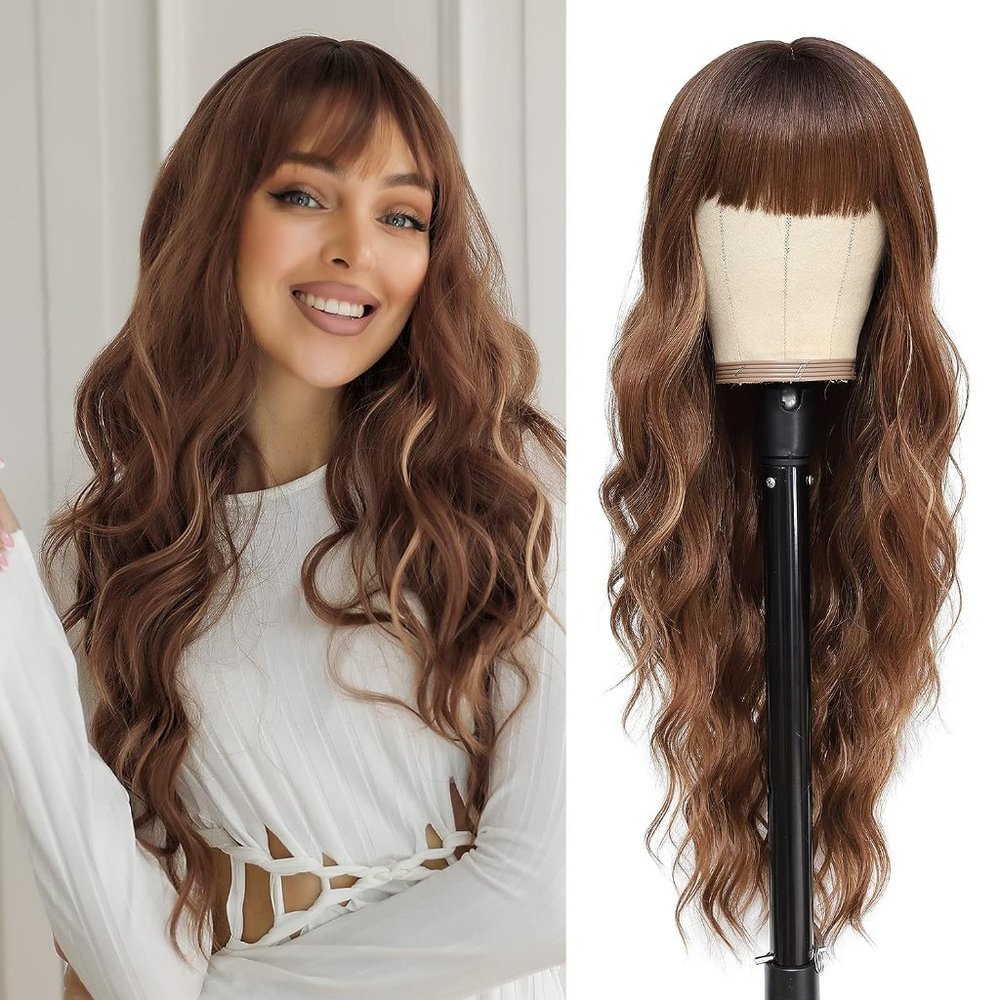 26 Inches Women Light Brown Long Synthetic Heat Resistant Curly Wavy Wigs